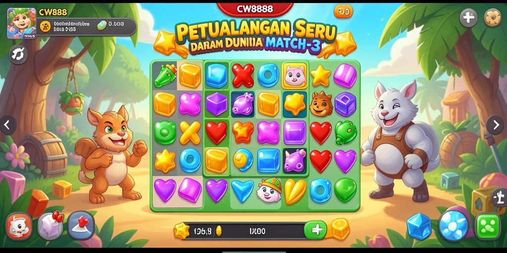 Screenshot utama CW8888 menampilkan gameplay penuh warna dan tantangan Match-3.