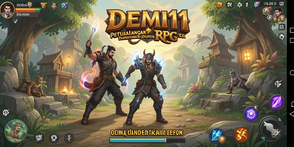 Screenshot utama menampilkan pertarungan intens di dunia fantasy DEMI11.
