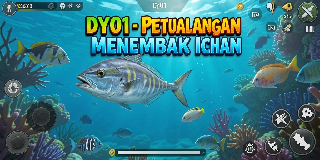 Tangkapan layar gameplay DY01 dengan aksi menembak ikan yang seru.