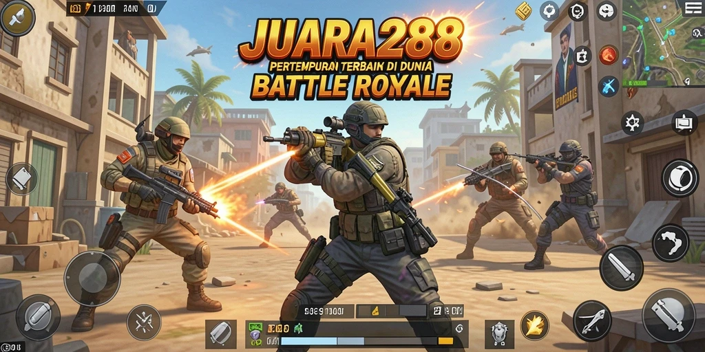 Screenshot utama JUARA288 menunjukkan aksi pertempuran yang intens di arena Battle Royale.