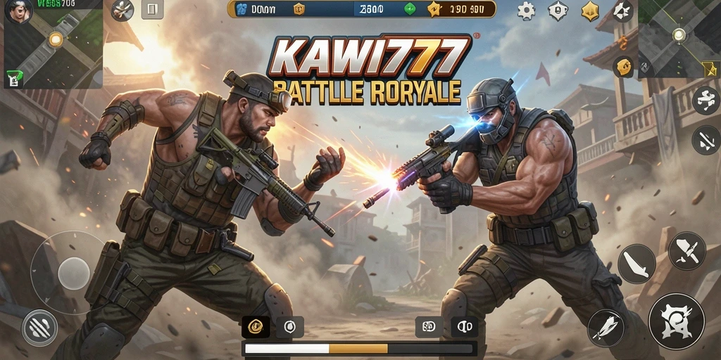 Tampilan penuh aksi gameplay KAWI777 di arena Battle Royale.