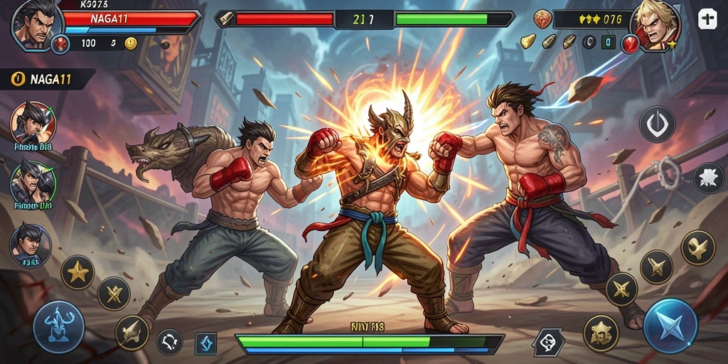 Screenshot NAGA11 menunjukkan karakter bertarung dengan grafis memukau.
